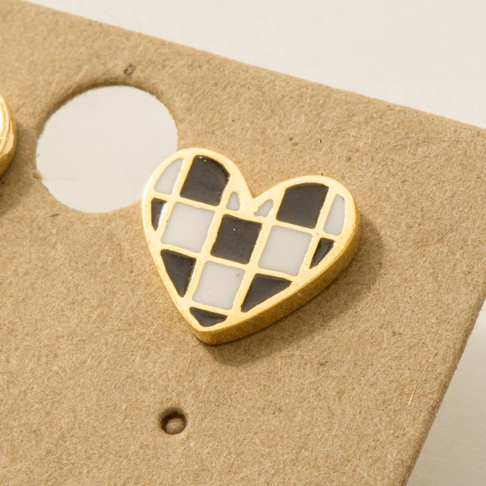 Gold Dipped Epoxy Checkered Heart Stud Earrings