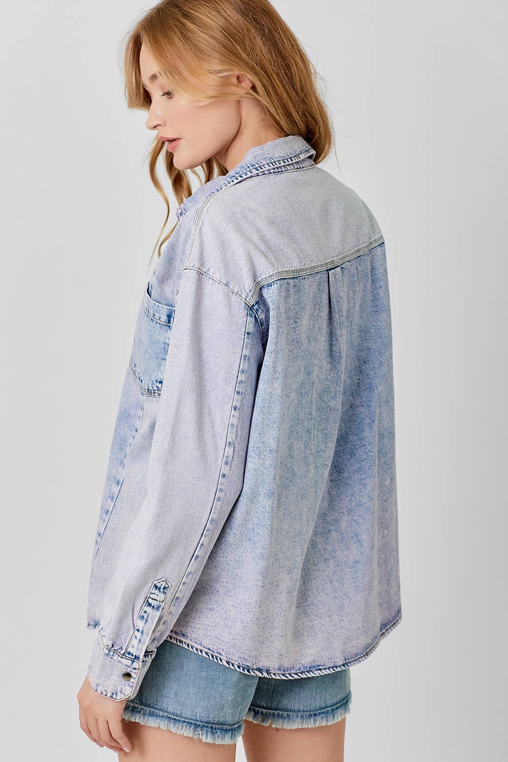 60458 Color Block Denim Shacket: Lavender Mix / Large