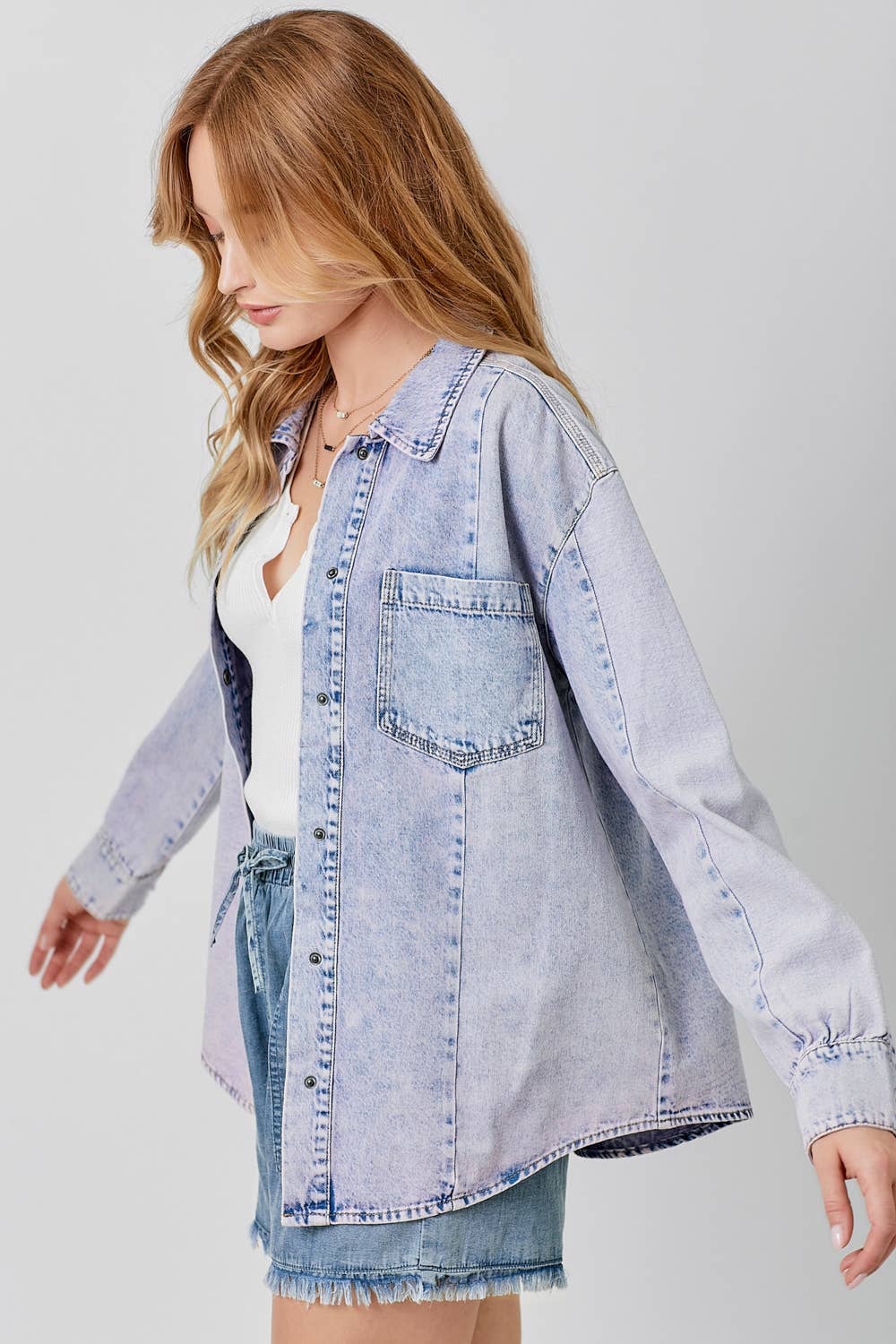 60458 Color Block Denim Shacket: Lavender Mix / Large