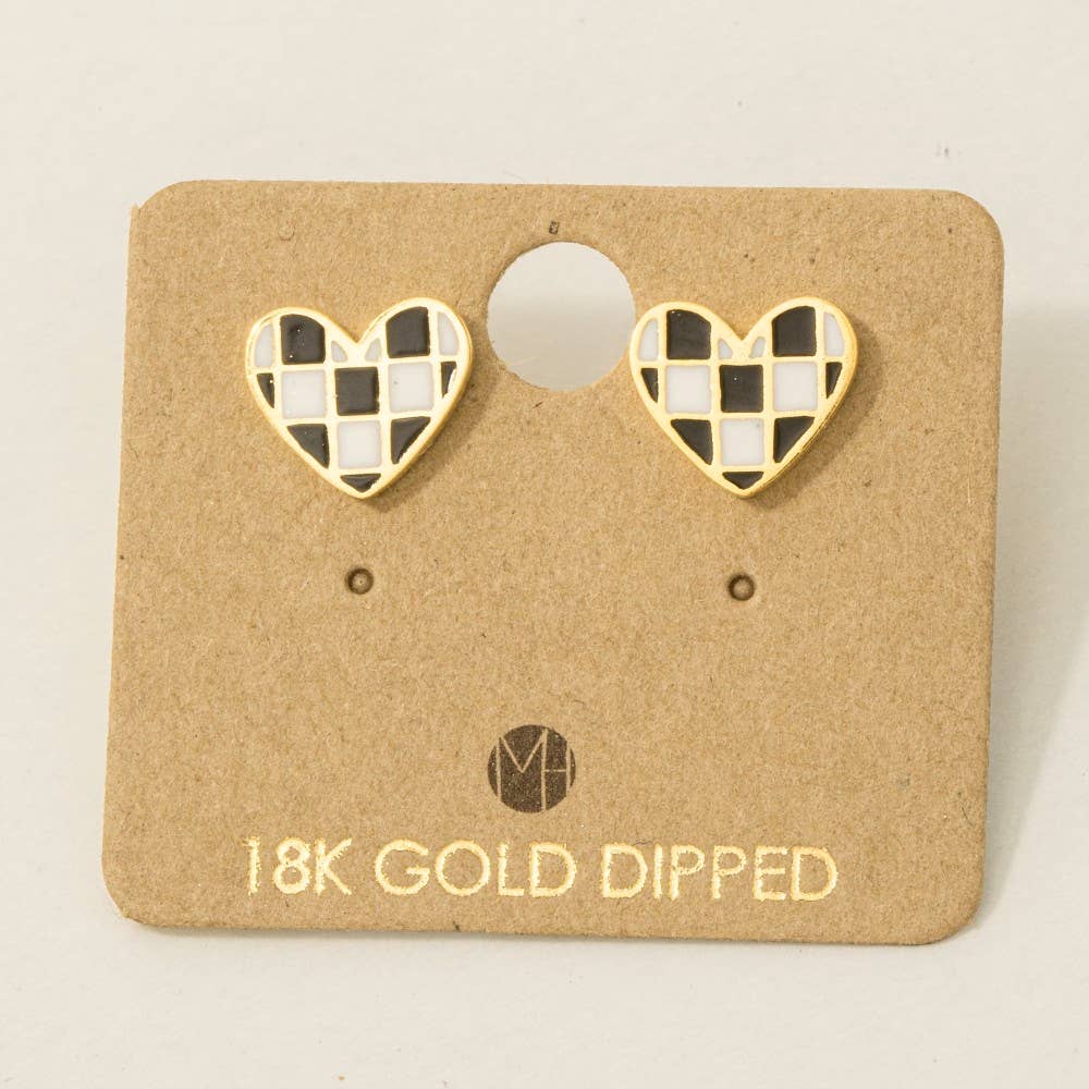Gold Dipped Epoxy Checkered Heart Stud Earrings