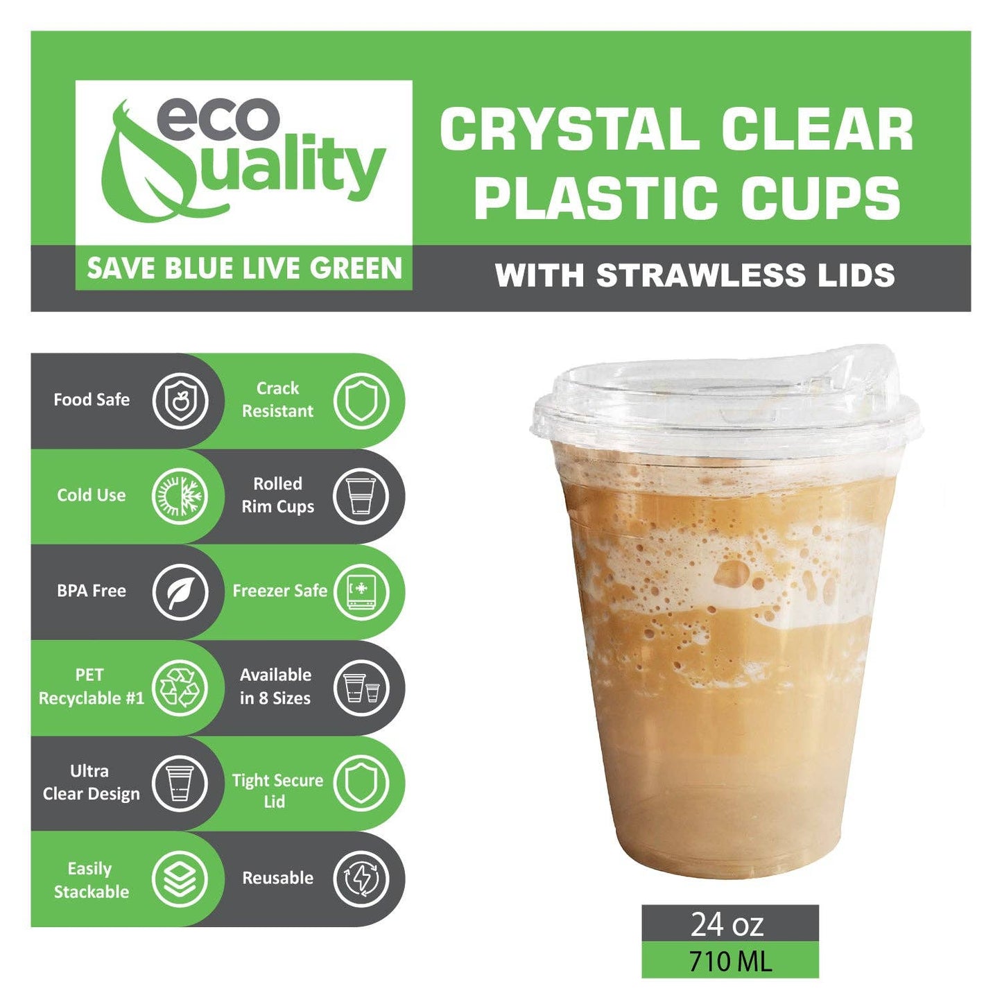 24Oz Disposable PET Clear Plastic Smoothie Cups with Sip: 600pc