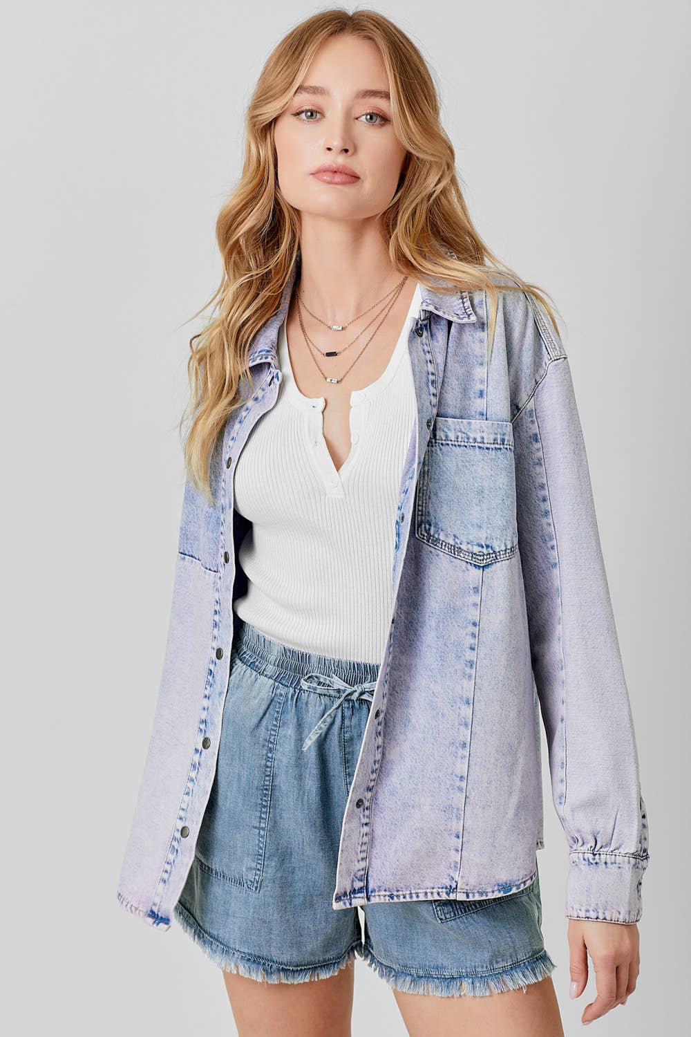 60458 Color Block Denim Shacket: Lavender Mix / Large
