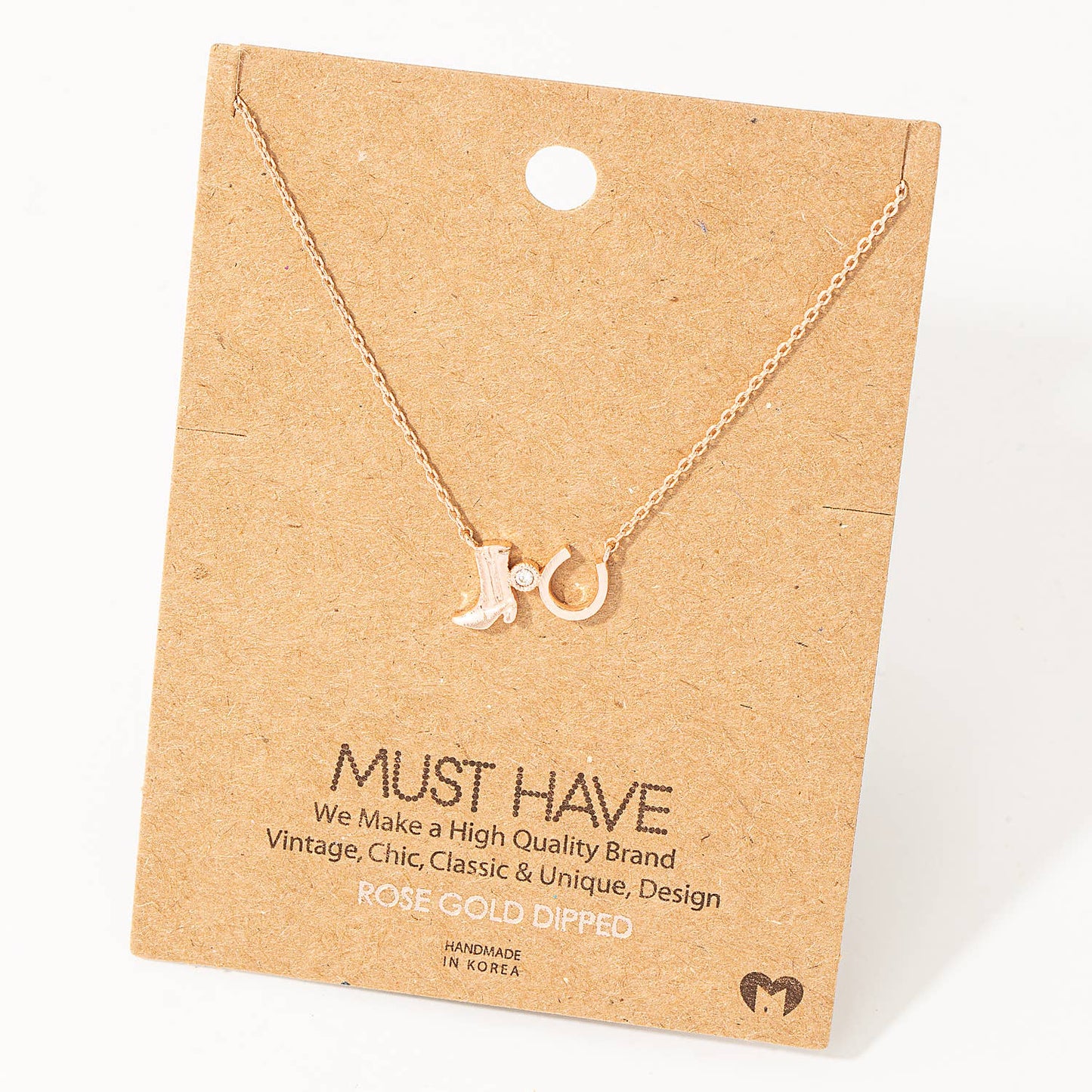Western Cowboy Boots Horse Shoe Charm Necklace Gold