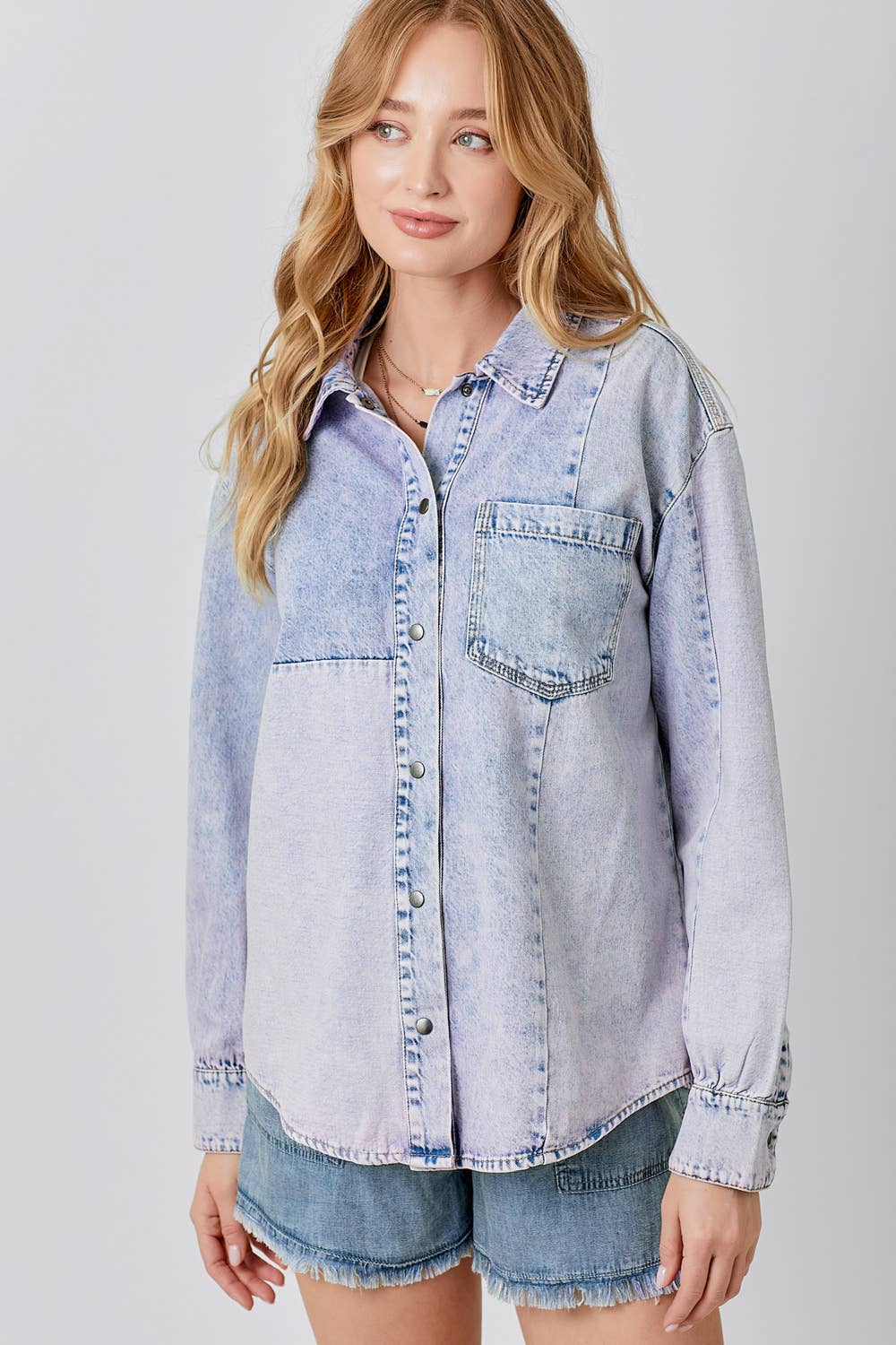 60458 Color Block Denim Shacket: Lavender Mix / Large