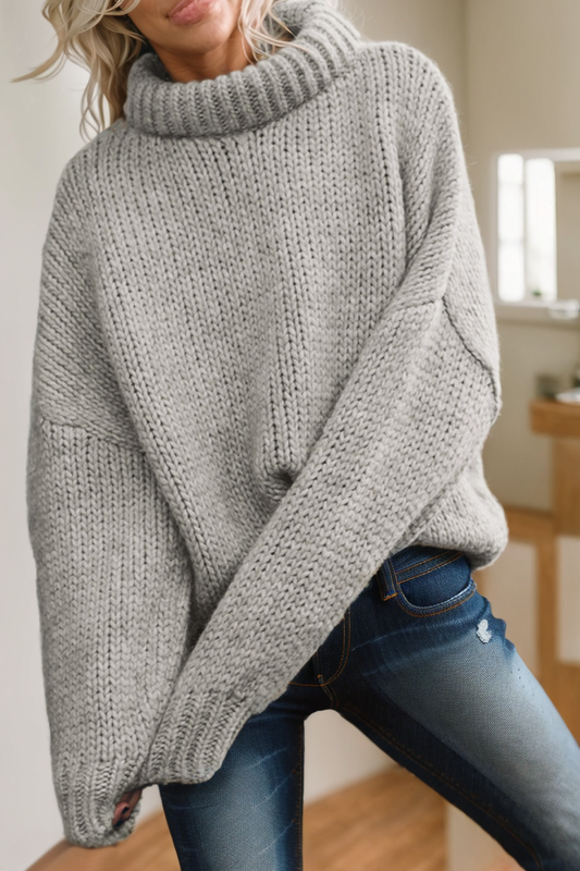 Light Grey Chunky Knit Turtle Neck Drop Shoulder Sweater: Gray / XL