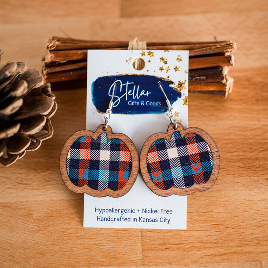 Orange & Navy Plaid Pumpkin Inset Dangles - Fall Earrings