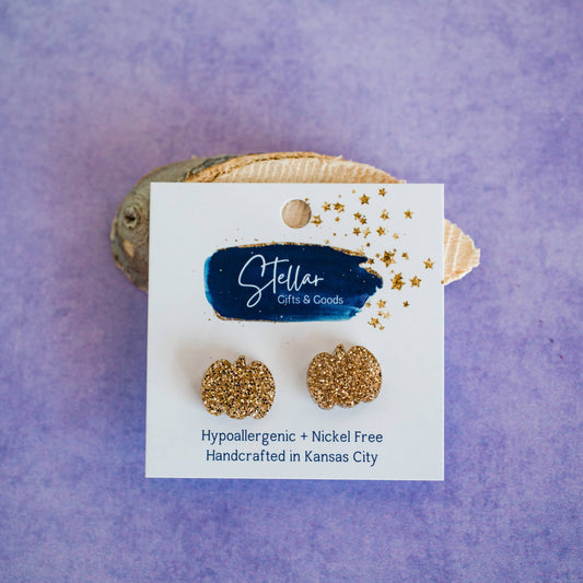 Gold Glitter Pumpkin Studs - Fall Harvest Earrings