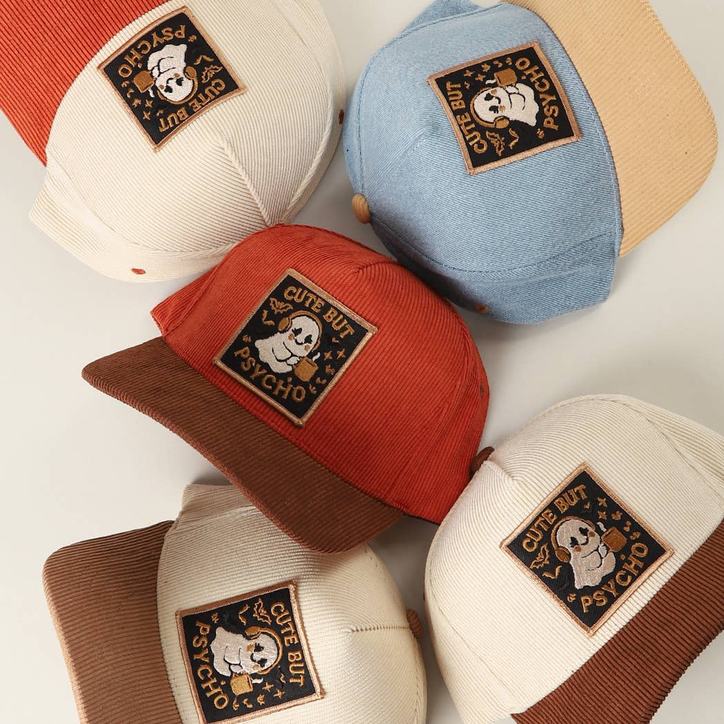 Cute But Psycho Ghost Patch Corduroy Trucker Cap