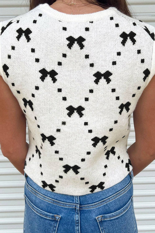 White Bow Pattern Buttoned Side Cropped Sweater Vest: White / 52%Viscose+26%Polyester+22%Polyamide / S