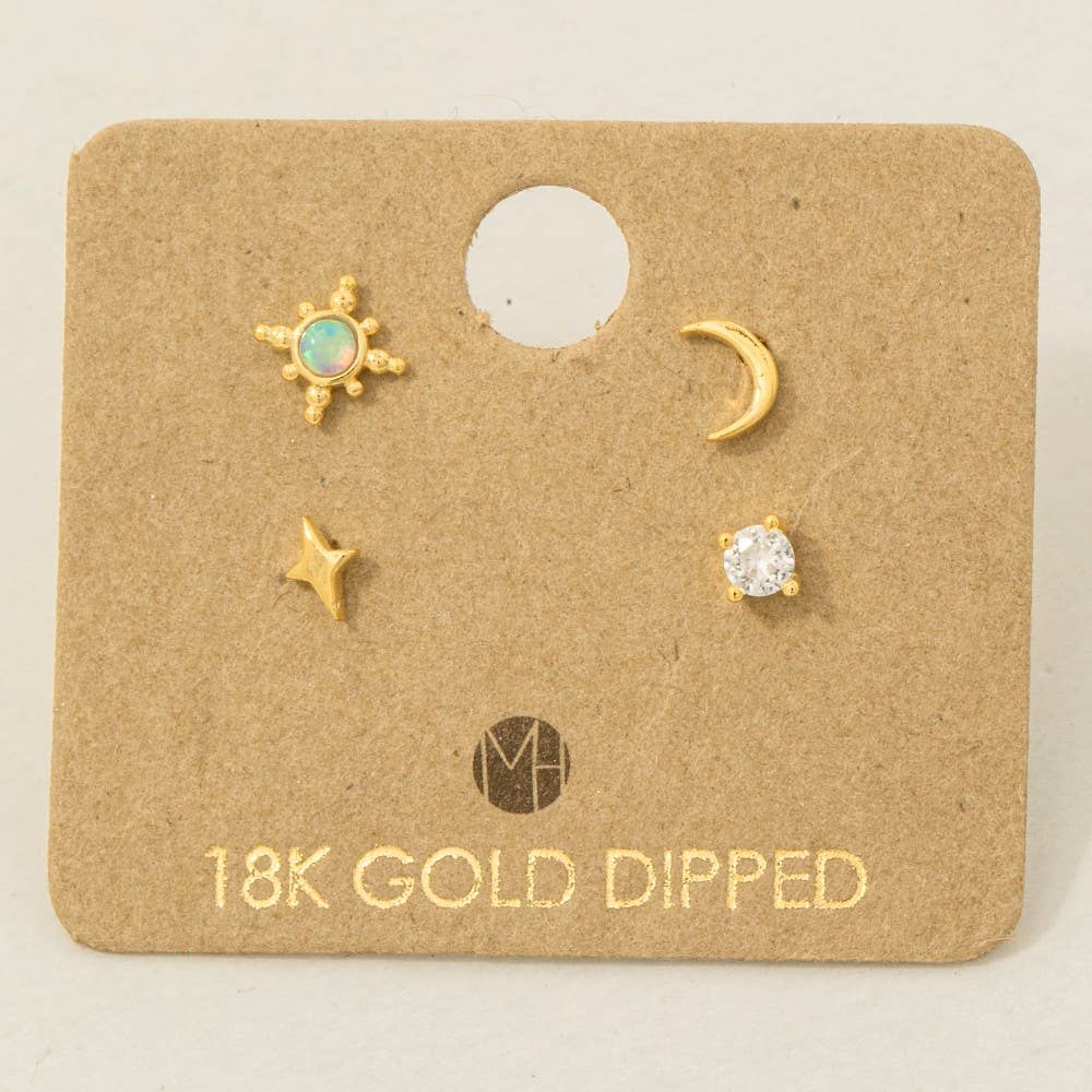 Gold Dipped 4Pc Star Moon Stud Earrings Set: G