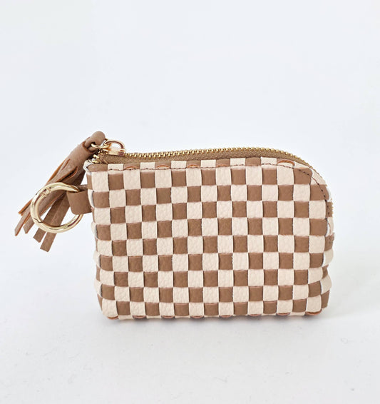 Paris Card Wallet: Woven Checkered Tan