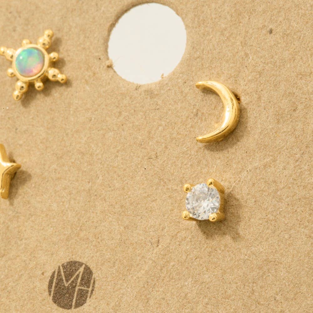 Gold Dipped 4Pc Star Moon Stud Earrings Set: G