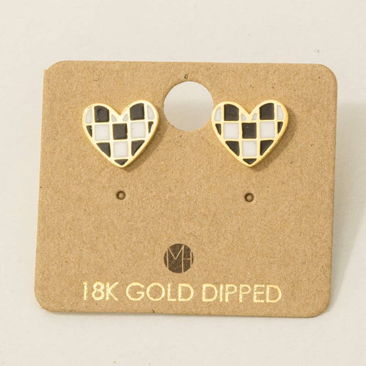 Gold Dipped Epoxy Checkered Heart Stud Earrings