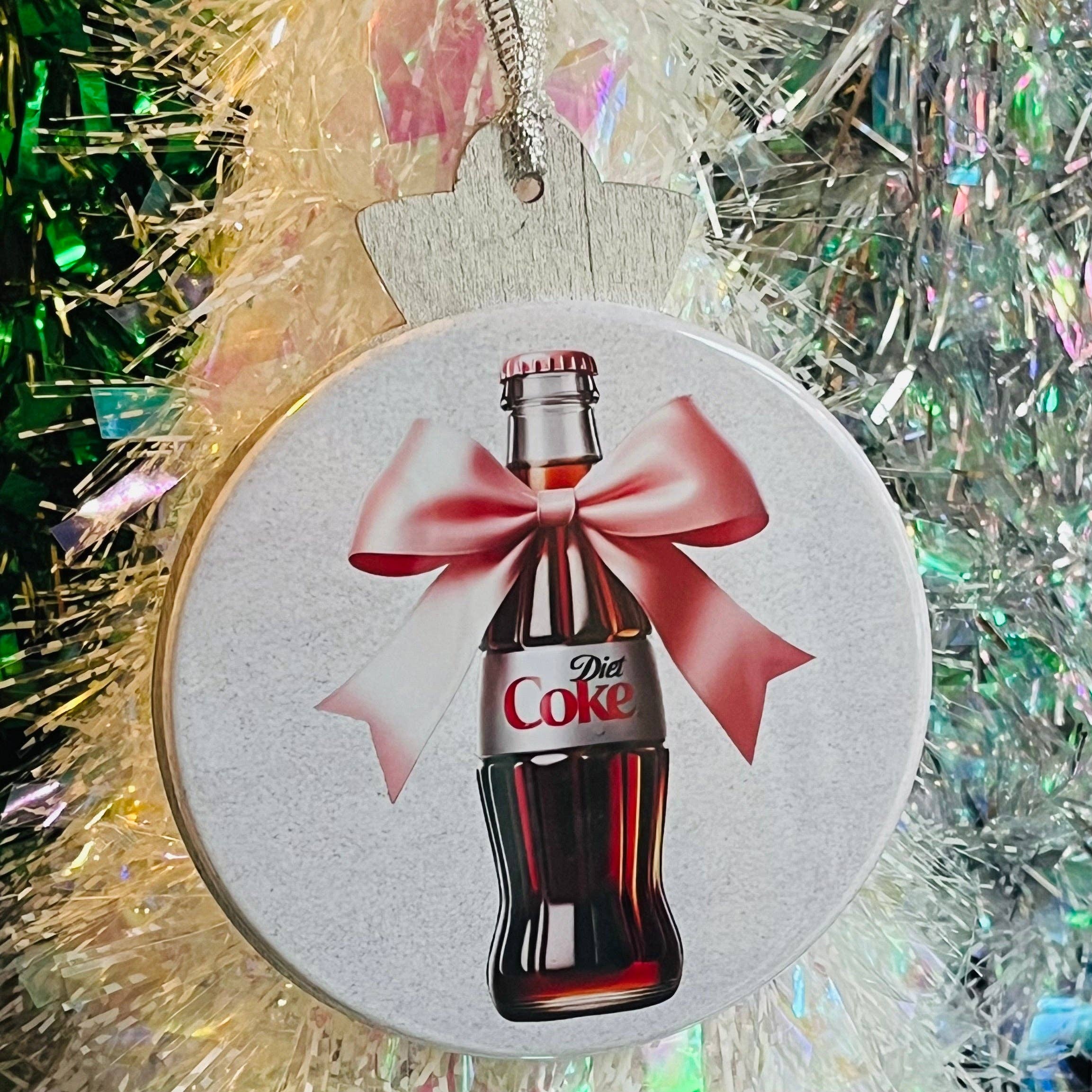 DIET COKE BOTTLE WITH PINK BOW CHRISTMAS ORNAMENT