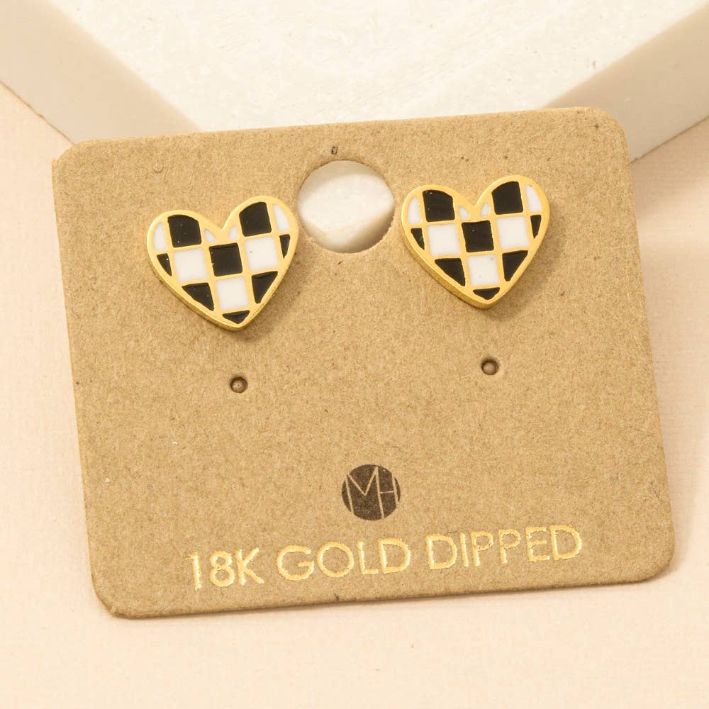 Gold Dipped Epoxy Checkered Heart Stud Earrings: G