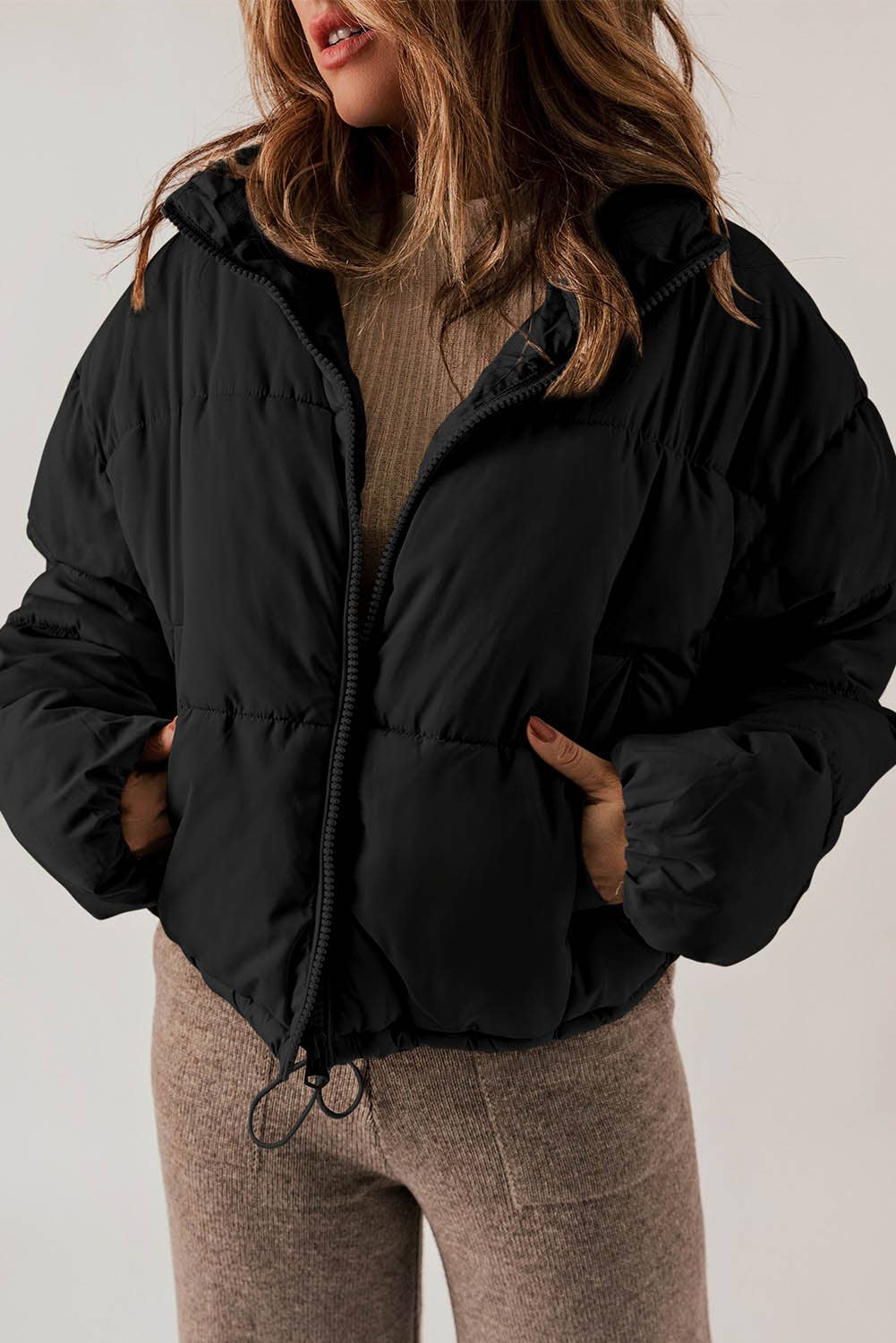 Black Zip Up Drawstring Hem Puffer Coat: L / Black