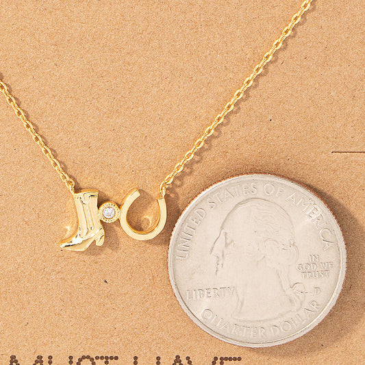 Western Cowboy Boots Horse Shoe Charm Necklace Gold