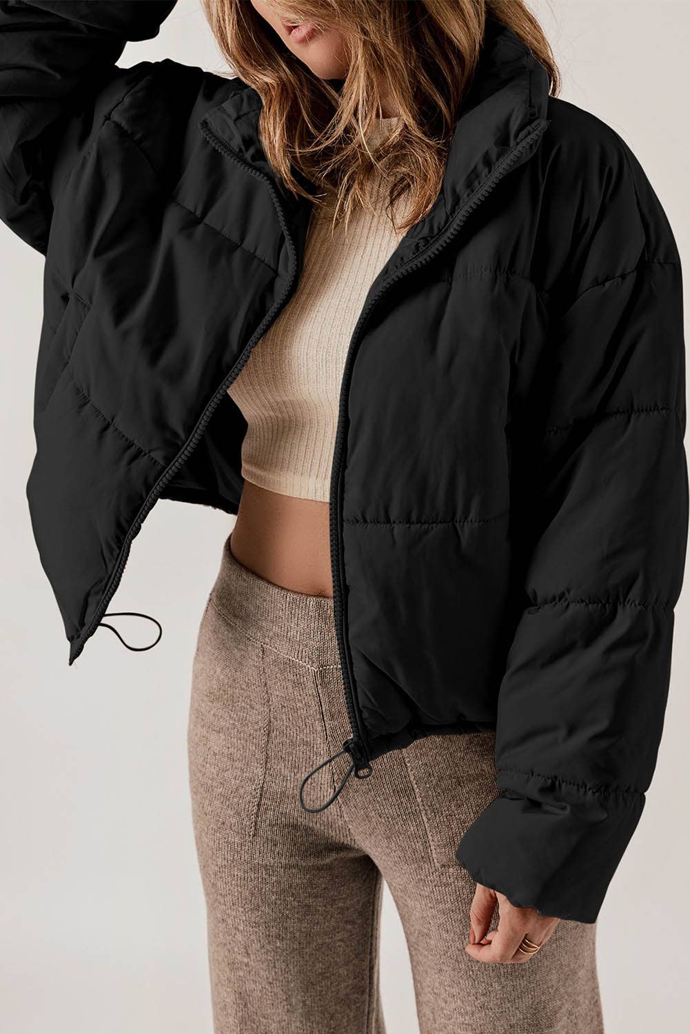 Black Zip Up Drawstring Hem Puffer Coat: S / Black