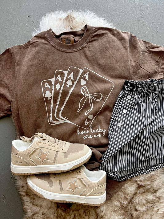 Espresso How Lucky Are We Coquette Cards Graphic Tee
