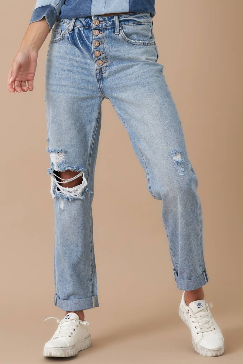 Rolled Up Boyfriend Distressed Vintage Wash Jeans