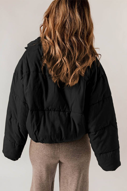 Black Zip Up Drawstring Hem Puffer Coat: L / Black