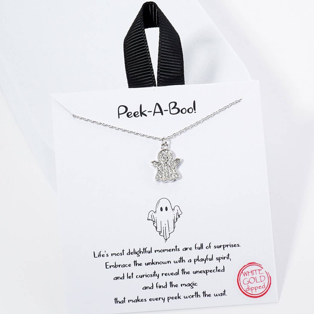 Peek-A-Boo CZ Ghost Pendant Necklace Silver