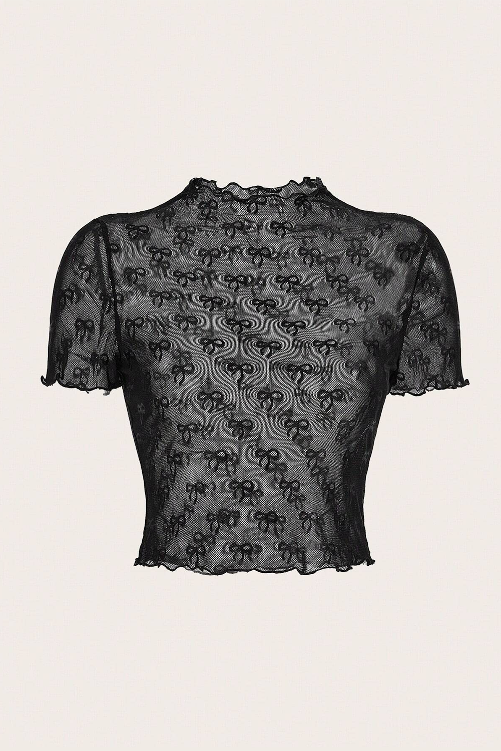 Black Bowknot Sheer Mesh Mock Neck Lettuce Trim Short Sleeve Top: Black / 88%Polyamide+12%Elastane / L