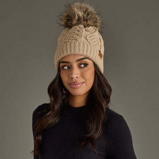 Taupe Cable Knit Pom Hat