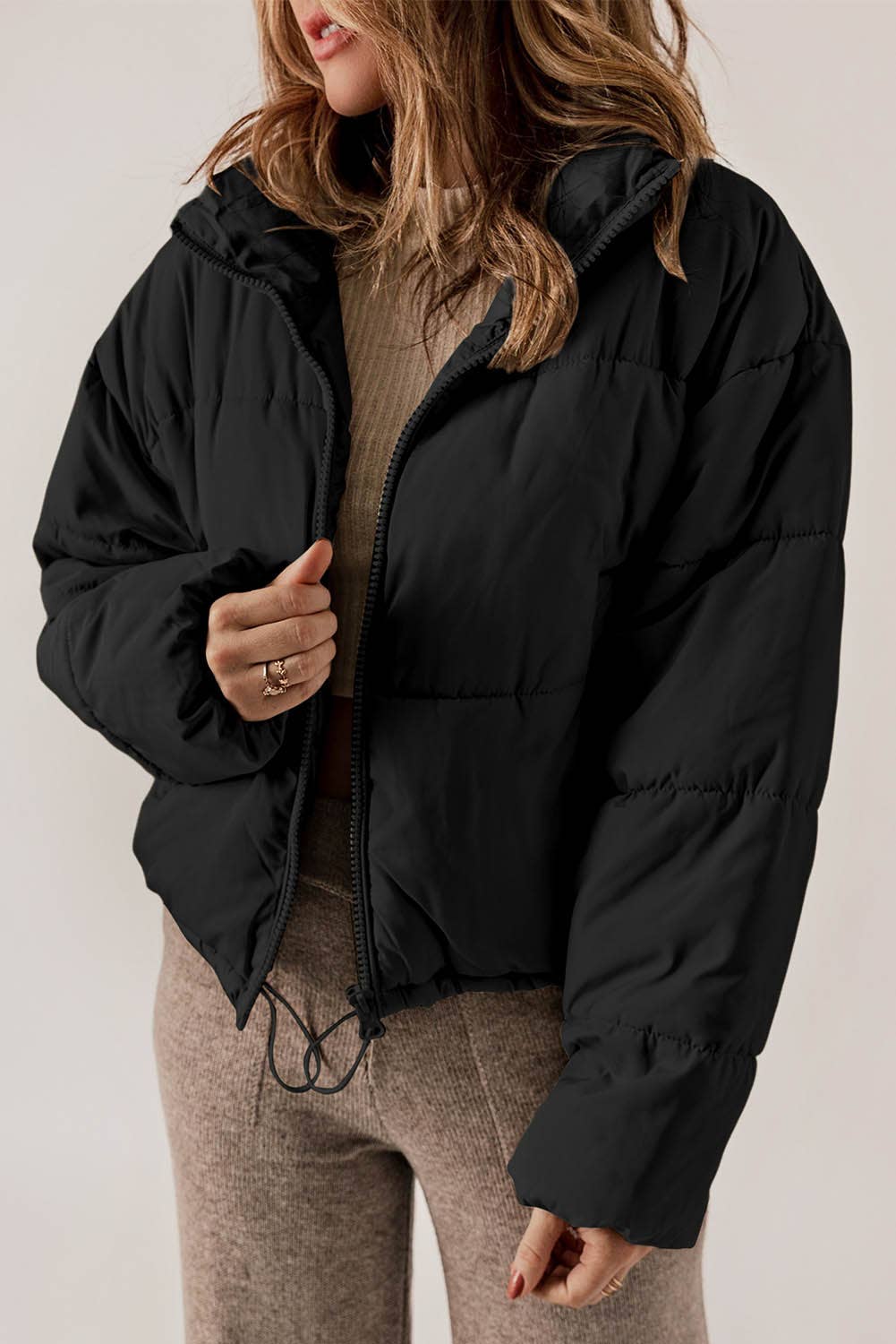 Black Zip Up Drawstring Hem Puffer Coat: L / Black