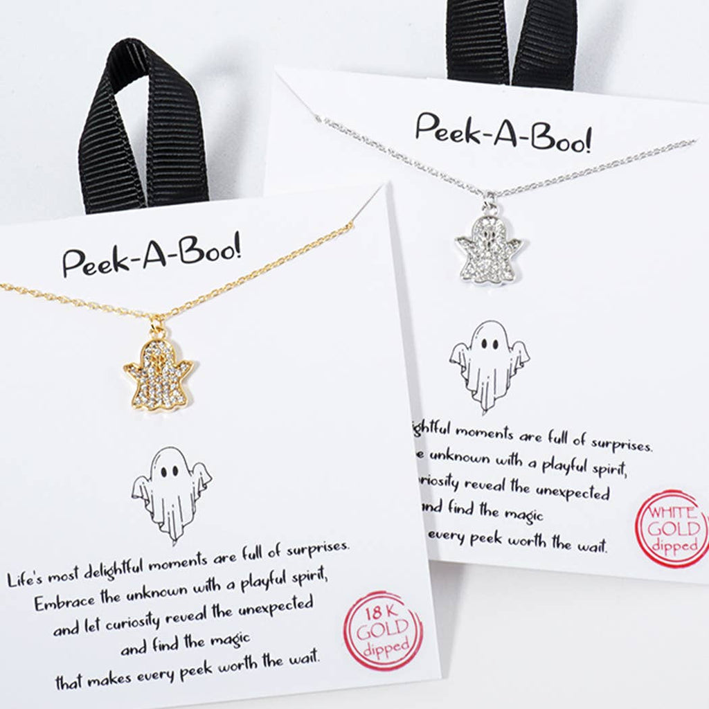 Peek-A-Boo CZ Ghost Pendant Necklace Silver