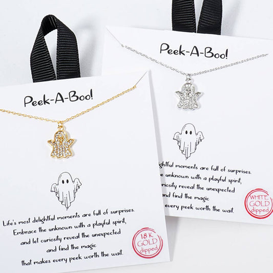 Peek-A-Boo CZ Ghost Pendant Necklace Silver
