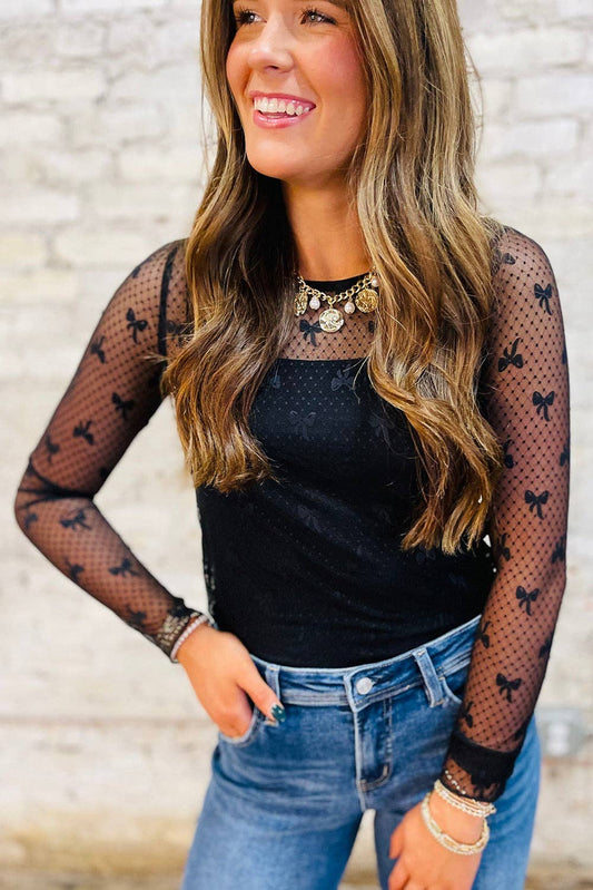 Black Bow Pattern Accent Mesh Long Sleeve Top: Black / 88%Polyamide+12%Elastane / S