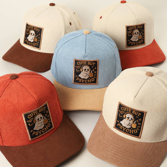 Cute But Psycho Ghost Patch Corduroy Trucker Cap