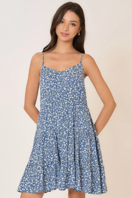 Blue Floral Tiered Ruffle V Neck Swing Dress