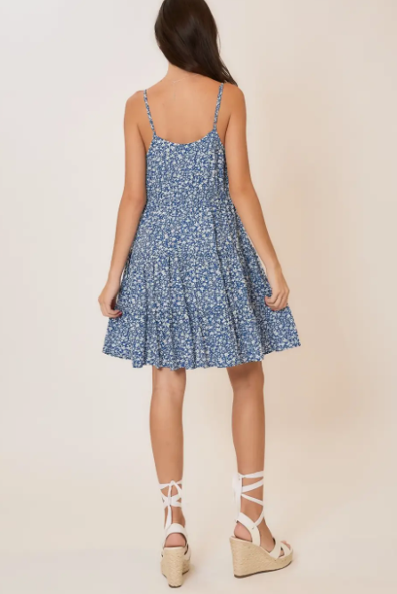 Blue Floral Tiered Ruffle V Neck Swing Dress