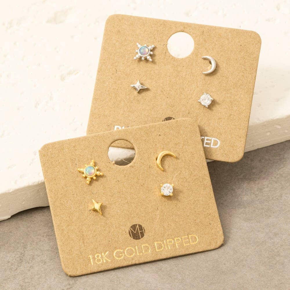 Gold Dipped 4Pc Star Moon Stud Earrings Set: G