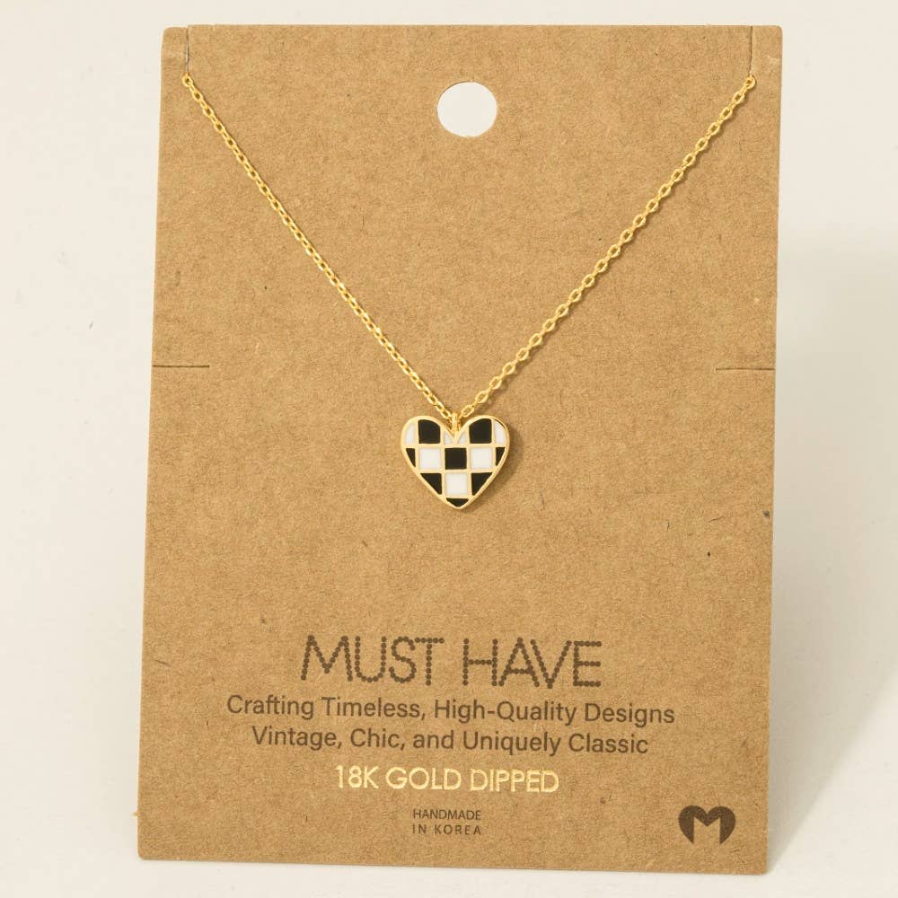 Gold Dipped Epoxy Checkered Heart Pendant Necklace: G