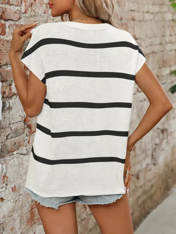 Striped Crewneck Knit Casual Blouse