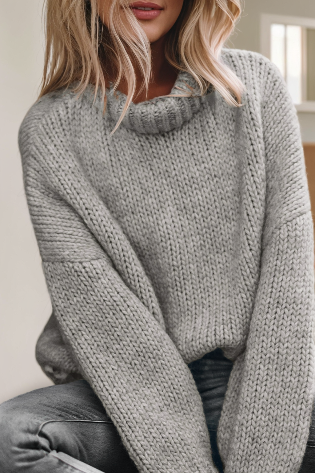 Light Grey Chunky Knit Turtle Neck Drop Shoulder Sweater: Gray / XL