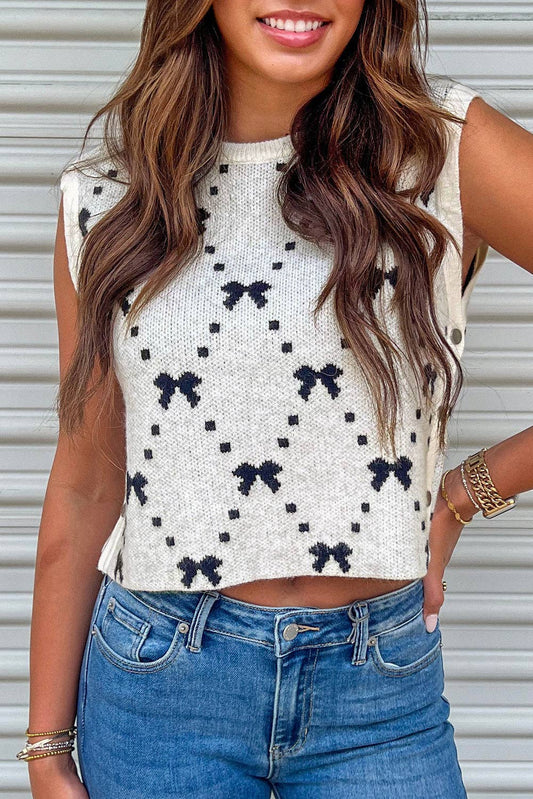 White Bow Pattern Buttoned Side Cropped Sweater Vest: White / 52%Viscose+26%Polyester+22%Polyamide / S