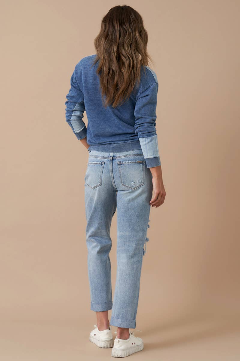 Rolled Up Boyfriend Distressed Vintage Wash Jeans