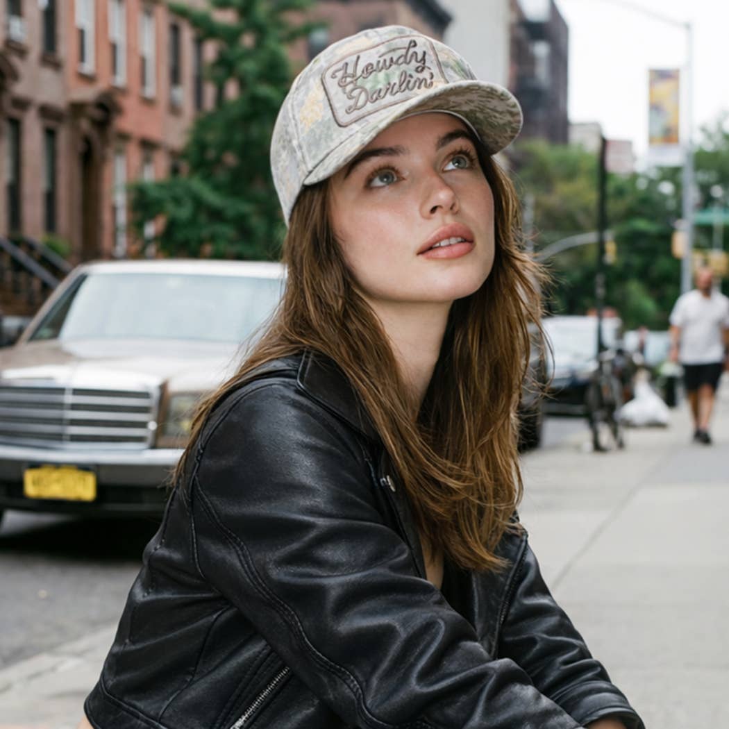 Howdy Darlin' Embroidered Patch Camo Baseball Cap: CAMO / ONE SIZE