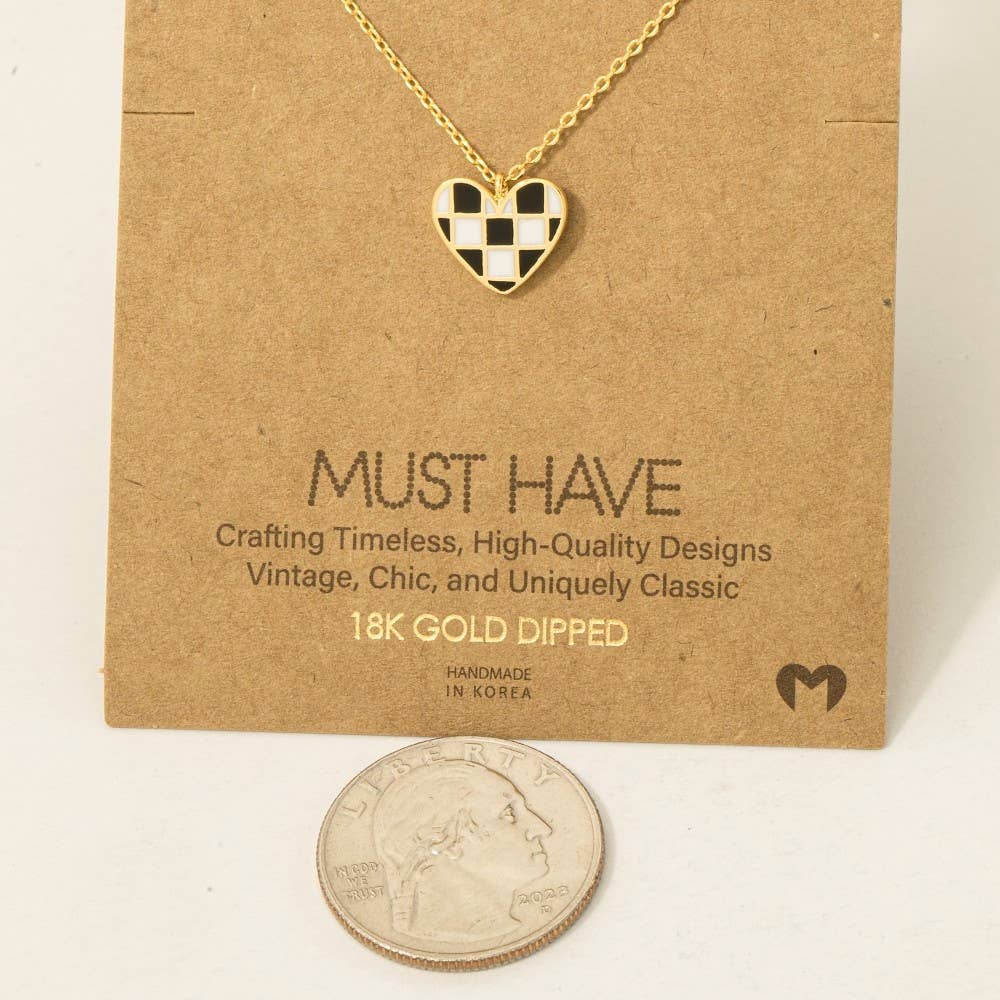 Gold Dipped Epoxy Checkered Heart Pendant Necklace: G