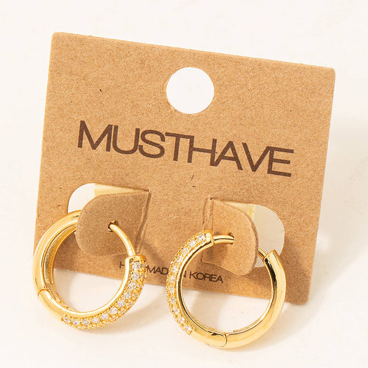 Pave Studded Latch Hoop Earrings Gold