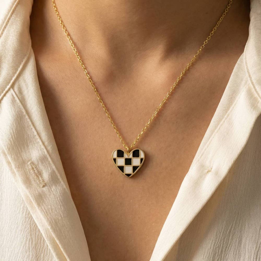 Gold Dipped Epoxy Checkered Heart Pendant Necklace: G