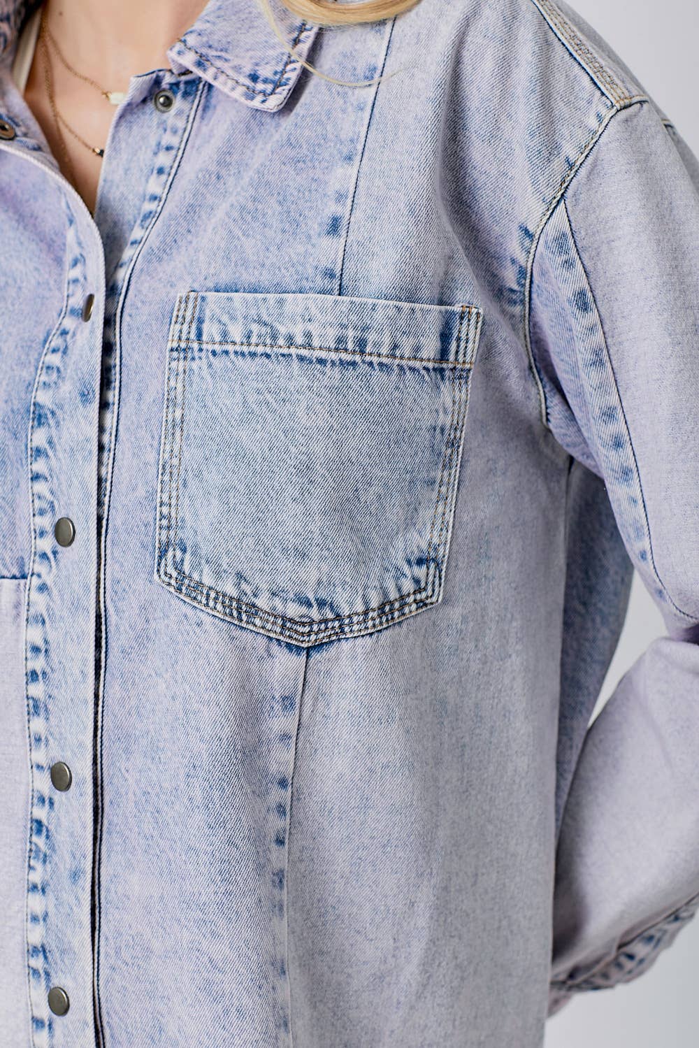 60458 Color Block Denim Shacket: Lavender Mix / Large
