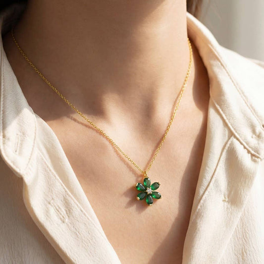 Gold Dipped Green Flower Pendant Necklace