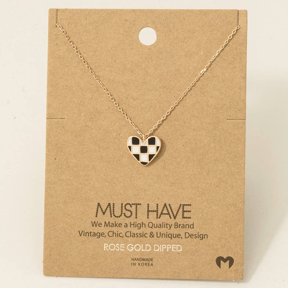 Gold Dipped Epoxy Checkered Heart Pendant Necklace: G