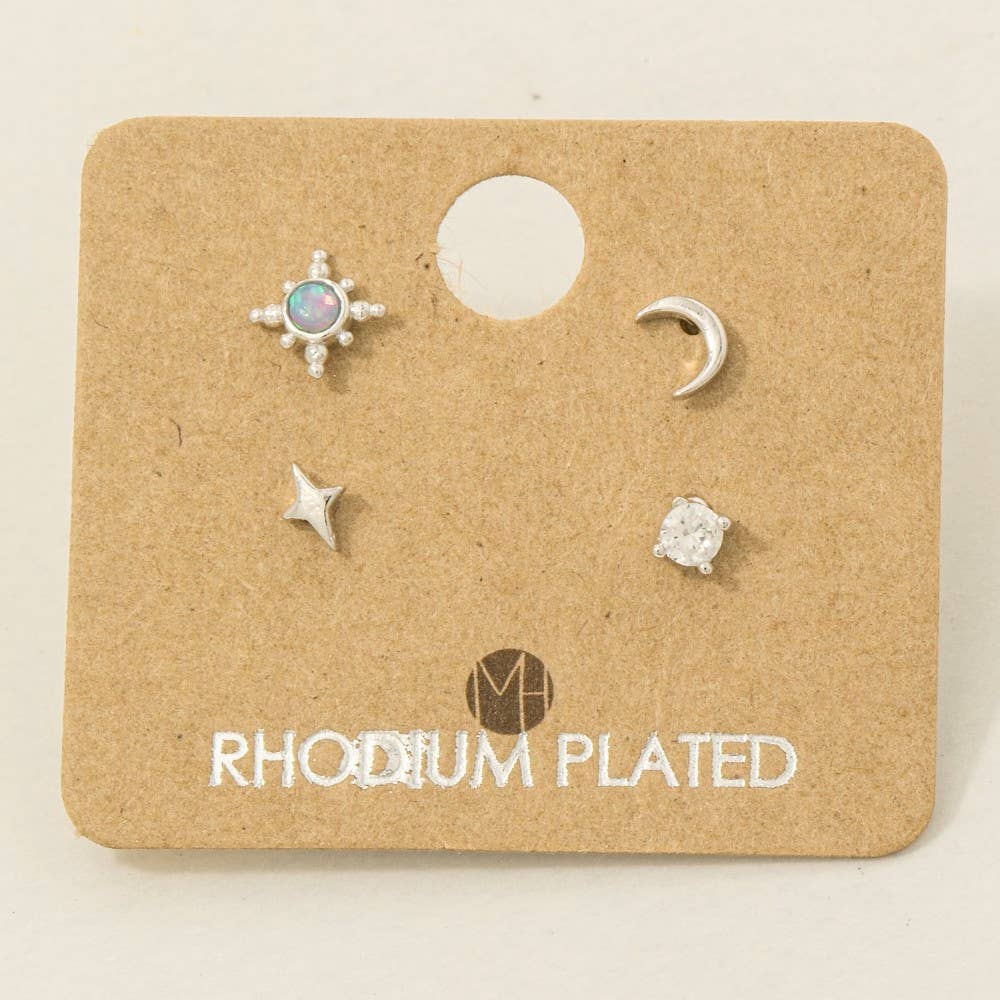 Gold Dipped 4Pc Star Moon Stud Earrings Set: G