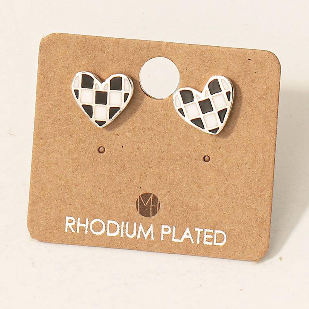 Gold Dipped Epoxy Checkered Heart Stud Earrings: G
